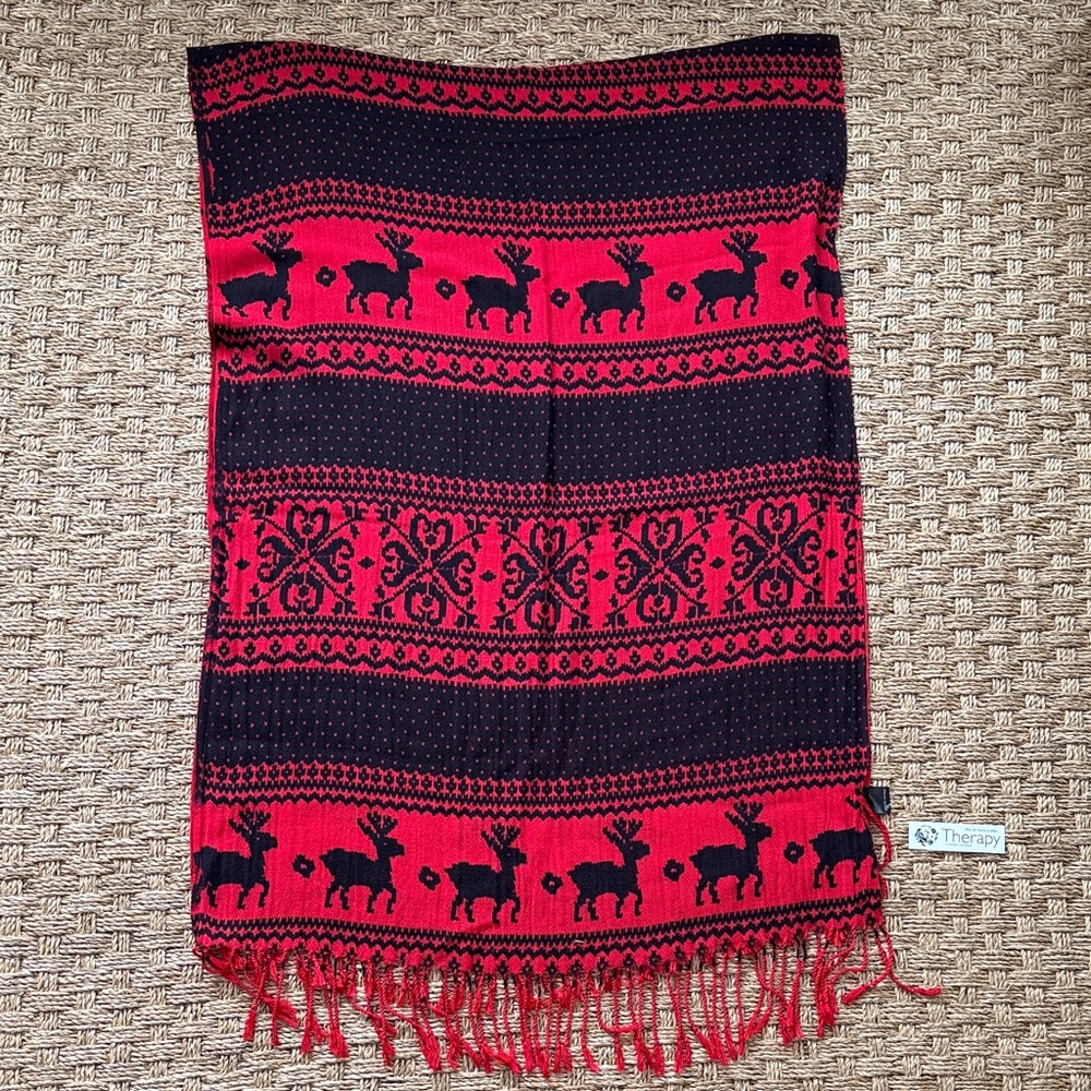 Red and Black Reindeer Patterned Scarf by Therapy a women’s boutique